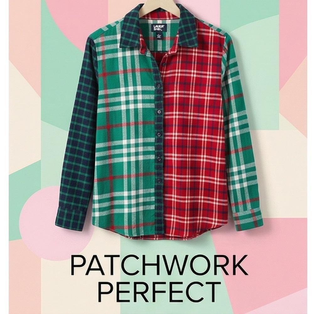 Lands End PL Women's Plaid Colorblock Button Down Shirt Petite 14-16‎ Fleece - Picture 2 of 10